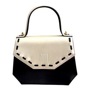 Vintage Madras Leather Crossbody Bag Top Handle Navy Blue Cream M logo